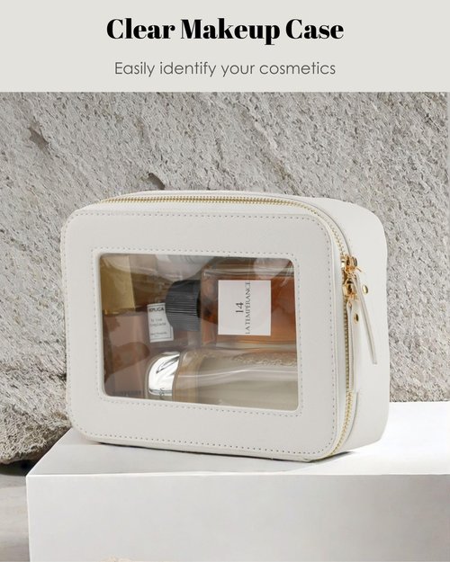 IRROMI Clear Makeup Case, Durable Saffiano Faux Leather Travel Cosmetic Bag, Toiletry Bag with Visual Window & Dual Zippers, Travel Essentials for Women (White, Medium)