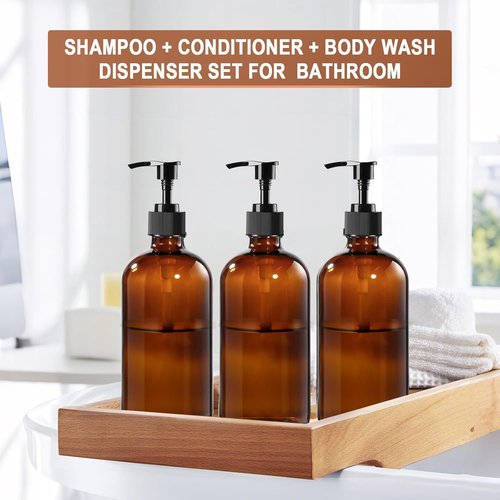 BPFY 12 Pack 8 oz Amber Glass Bottles with Pumps for Essential Oils, Cleaning Products, Lotions, Aromatherapy Oil, Pump Bottles, Refillable Containers with Cap, Funnel, 12 Chalk Labels, 1 Pen