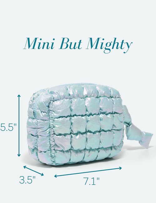 Yarnic Quilted Makeup Bag Puffy Cosmetic Bag, Quilt Travel Toiletry Bag Puffer for Women, Cute Makeup Bag Organizer Soft Cosmetic Pouch (Iridescent Blue, S)