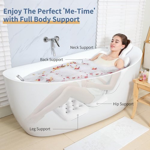 Luxury Bath Cushion, Full Body Bathtub Pillow with 160 Suction Cups, Bath Mat for Head and Neck Support, with Laundry Bag (White, 51.2" x 16.2")