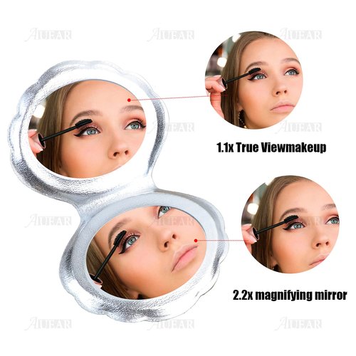 AUEAR, 4 Pack Glitter Shell Mirror Double-Sided Magnification Makeup Mini Portable Foldable Handheld Compact for Purse Handbag Pocket Women Colors