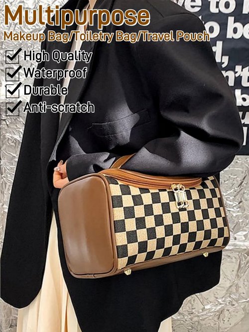Zigihos Large Capacity Checkboard Plaid Cosmetic Bag for Women Travel Makeup Organizer Waterproof Toiletry Bag (Brown)