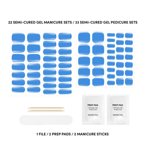 Dashing Diva Glaze Mani Pedi Kit - The Bitesize Blue Glaze - Comes with LED Nail Lamp - Long Lasting, Semicured Gel Nail Strips for Toes & Hands