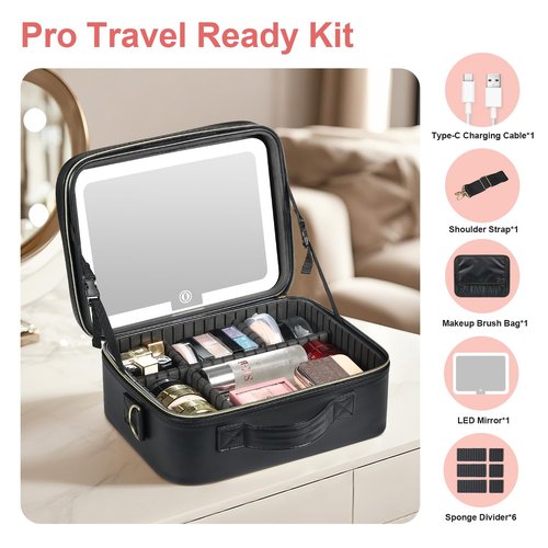 Makeup Case with LED Light Mirror, Professional Portable Travel Cosmetic Organizer Bah with Adjustable Dividers, USB Charging, Large Capacity, Ideal for Travel, Gift for Women Girls, Black