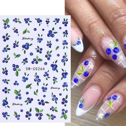 6 Sheets Fruit Nail Art Stickers Decals 3D Self-Adhesive Embossed Nail Stickers Lemon Strawberry Blueberry Banana Grape Orange Nail Decals Supplies for Women DIY Summer Manicure Decorations