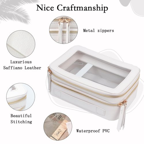 YAASHEEN Clear Makeup Bag, Waterproof Cosmetic Case with Zipper, 2 Separate Compartments, Ideal Travel Makeup Bag for Women (White)