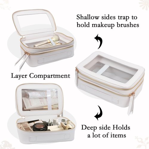 YAASHEEN Clear Makeup Bag, Waterproof Cosmetic Case with Zipper, 2 Separate Compartments, Ideal Travel Makeup Bag for Women (White)
