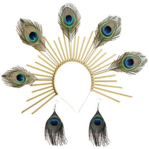 TCOMVEZ Peacock Feather Gold Halo Crown Sun Headband with Earrings Halloween Cosplay Festival Bridal Wedding Maternity Photoshoot Goddess Headpiece