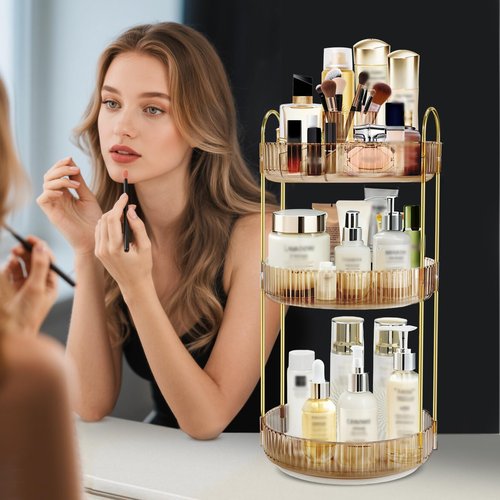 Fzebys 360 Rotating Makeup Organizer for Vanity,3 Tier Large Capacity Skincare Organizers,Bathroom Counter Organizer, transparent Spinning Perfume Organizer & Vanity Organizer (Gold-3 Tier)