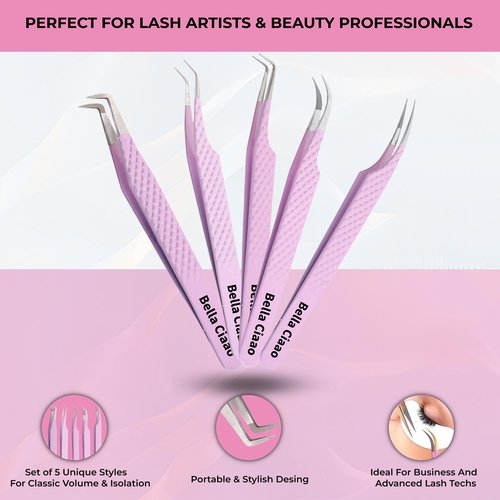 Bella Ciaao Lash Tweezers Pack of 5 – Eyelash Extension Tweezers Set for Professionals