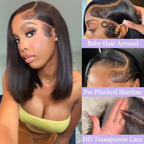 TONGMAY Lace Front Bob Wigs Human Hair 13x4 HD Lace Glueless Bob Wig Human Hair Short Straight Frontal Wigs for Women Pre Plucked with Baby Hair Side Part 180% Density Natural Black 14 Inch