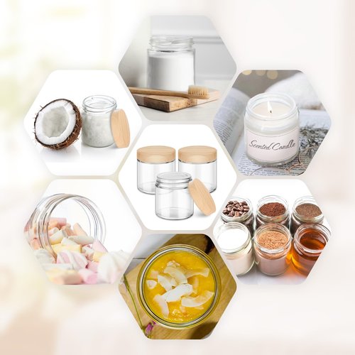 16 Pack Small Glass Jars with Lids, 4 oz Glass Containers with Plastic Woodgrain Lids & Inner Liners, Reusable Travel Containers for Creams, Makeup, Lotion, Cosmetic, Ointment