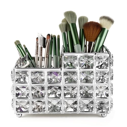 LUEXBOX Crystal Makeup Brush Holder, One-Piece Square Brush Organizer, Cosmetics Brush Storage Container for Table, Dresser, Bathroom, Bedroom Organization (Silver)