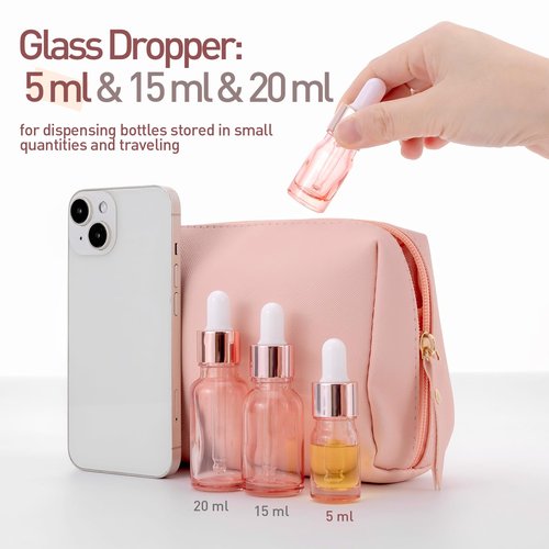 Kesell 8 Pack 5ml Pink Dropper Bottles, Empty Refillable Glass Sample Vials Essential Oils DIY Perfume Travel Container, With Rose-Gold Cap And 3 Funnels
