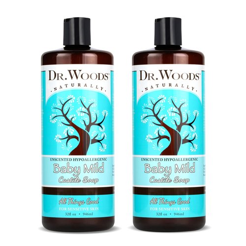 Dr. Woods Unscented Baby Mild Liquid Castile Soap - Natural Soap for Sensitive Skin, Gentle Cleanser with Hemp Oil and Vitamin E - Paraben, Sulfate, and Phthalate Free - 32 Fl Oz (Pack of 2)