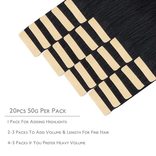 WENNALIFE Tape in Hair Extensions Human Hair, 20pcs 50g 20 inch Jet Black Remy Hair Extensions Straight Human Hair Tape in Extensions Skin Weft Tape Extensions Human Hair