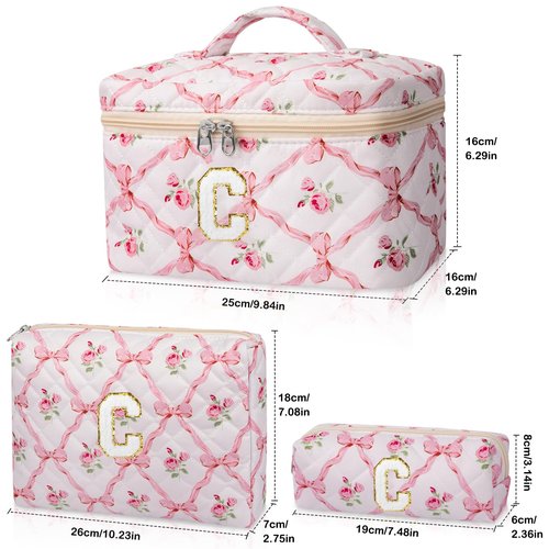 Junesters Personalized Initial Makeup Bag Set, Quilted Makeup Bag, Large Floral Cosmetic Bag for Women, Cute Cotton Custom Make up Bags, Flower Travel Toiletry Bag Teen Girl Gift Trendy Stuff Gift C