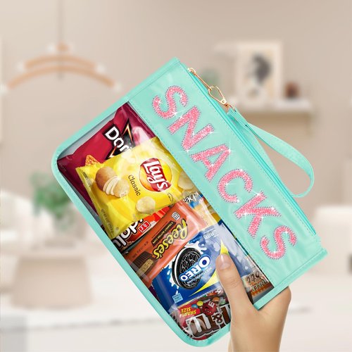 Clear Snack Bag For Travel Beach Work Waterproof, Bling Rhinestone Letter Cosmetic Bags Travel Toiletry Bag,Cute Snack Pouch Organization,Personalized Makeup Bag Gift For Women Girls (Pink-Snacks)