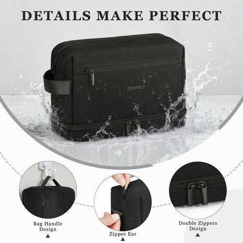 ZOMFELT Toiletry Bag for Men Women, Water Resistant Travel Dopp Kit with Dual Layers, Large Capacity Cosmetic Shower Organizer Bag for Gym Toiletries Accessories, Bathroom Essentials, Black