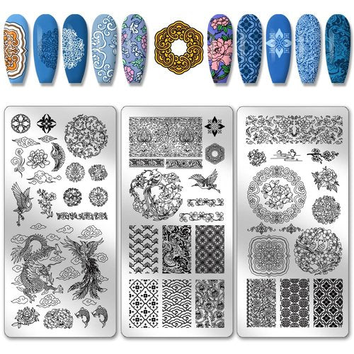 PH PandaHall 3pcs Chinese Porcelain Nail Stamping Plates Dragon Phoenix Patterns Nail Art Templates Pottery Texture Nail Art Stencils Flower Nail Image Plates for Women Nail Design Salon 4.7x2.3 Inch