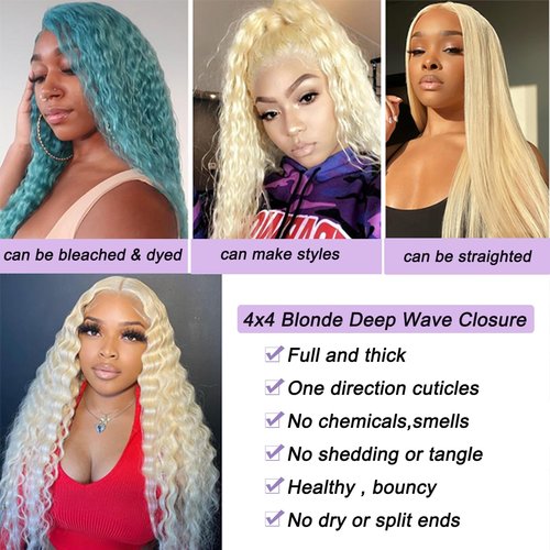 Blonde 613 Closure Deep Wave Free Part Blonde Closure Human Hair Indian Remy Hair 9a Grade Transparent Lace 4x4 With Baby Hair Bleach Knot Pre Plucked High Density 18 Inch