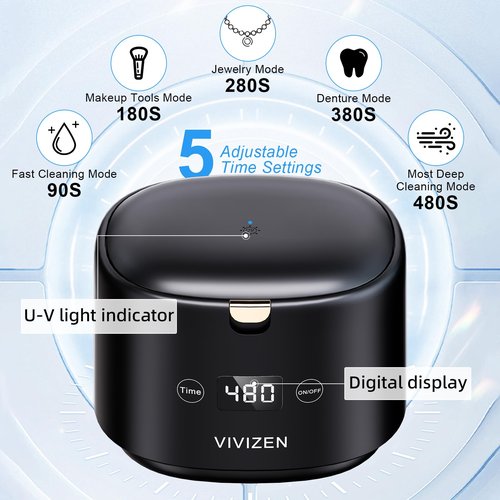 VIVIZEN Ultrasonic Retainer Cleaner Machine Sonic Dental Cleaning Machine for Dentures, Aligners, Braces, Mouth Guards, Jewelry, Portable 30W/45kHz (Black)