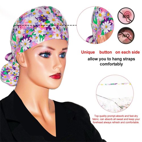 Scrub Cap with Buttons - Cotton Cap with Sweatband, Adjustable Ponytail Working Cap, Tie Back Hats for Women (Chrysanthemum)