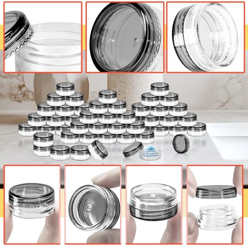 MotBach 200 Pack 3g Plastic Jars with Lids, 3ml Round Clear Cosmetic Containers Makeup Jars, 3gram Travel Size Container Jar with Spatulas for Makeup Sample Lotion Cream Ointment Salve Balm Powder
