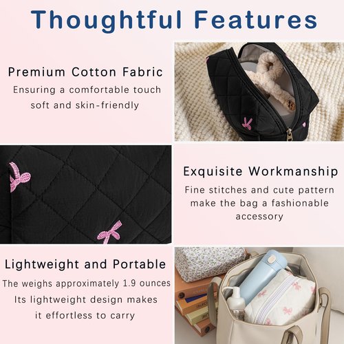 RSRSLEII Small Quilted Cotton Makeup Bag, Aesthetic Cosmetic Bag, Cute Floral Makeup Pouch, Kawaii Trendy Preppy Travel Toiletry Bag for Women and Girls (04 Black Bow)