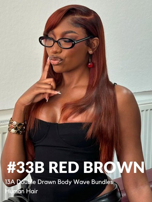 HERMOUS 13A Double Drawn Reddish Brown Bundles Copper Red Human Hair Single Straight Full and Thick Brazilian 100% Real Raw Human Hair Quick Weave Auburn Brown Colored #33B Bundles 10 Inch