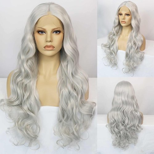 Ebingoo 26 Inch Silver Gray Lace Front Wig+Wig Cap Wavy Silver Wig for Women Curly Lace Front Wig Silver Princess Wig for Halloween Cosplay Women Daily Wear