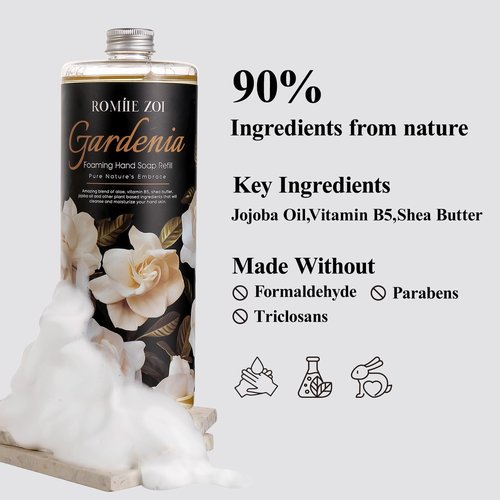 ROMIIE ZOI Hand Soap Refills Foaming, Gardenia Scent Natural Plant Moisturizing Foam Soap Refills with Dispenser 1 L/ 33.8 FL OZ(Pack of 3)
