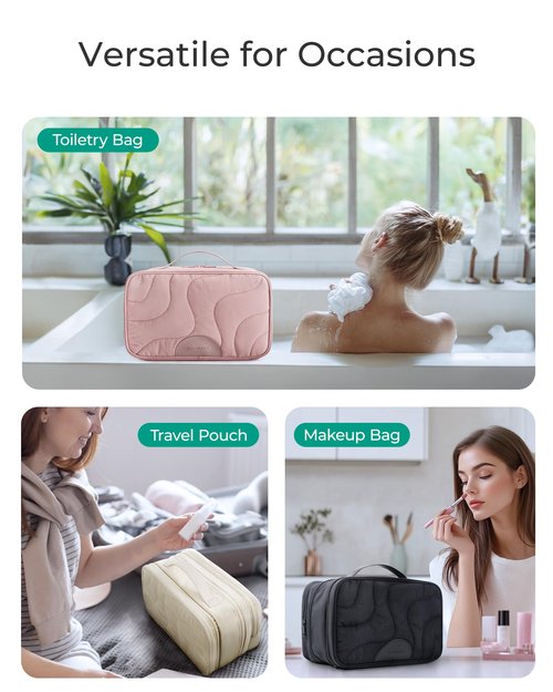 BAGSMART Toiletry Bag for Women, Wide-open Makeup Bag Organizer for Travel Essentials Travel-size, Water-resistant Large Capacity Cosmetic Bag for Accessories, Shampoo, Toiletries with Handle, Black