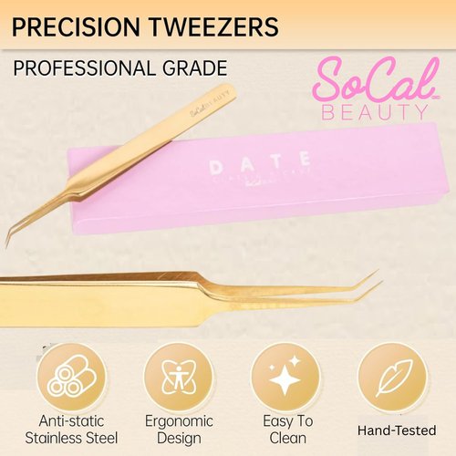 Date Classic Pickup Lash Tweezer by SoCal Beauty | Precision Gold Eyelash Tweezer for Eyelash Extensions, Hand-Tested with 1mm Guide – Ideal Lash Tweezer for Eyelash Extension