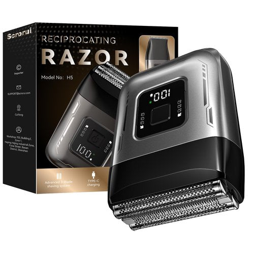 Scrorui Cordless Foil Shaver for Men: High-Speed 6000RPM, Dual Replacement Heads (Foil + Trimmer), USB-C Rechargeable, IPX7 Waterproof & Battery Display