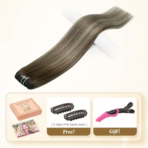 Clip in Human Hair Extensions for Women Balayage Walnut Brown to Ash Brown Mix Light Blonde Ombre Natural Straight Remy Clip ins Real Human Hair Double Weft Clip on Hair Extensions 14 Inch 60G 5 PCS
