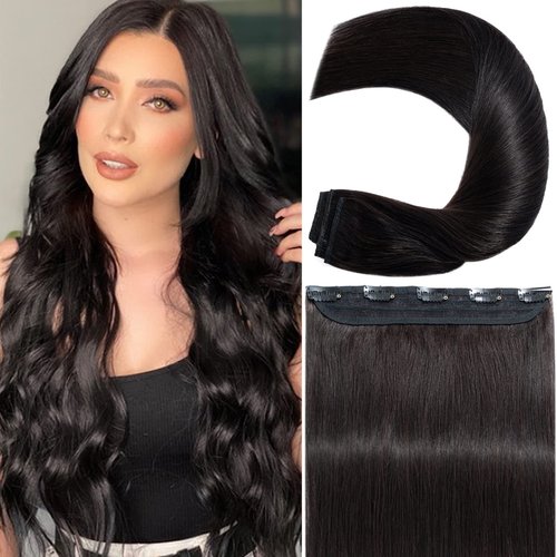 S-noilite Clip in Human Hair Extensions - Real Hair, One Piece/5 Clips, 3/4 Full Head - Thicker, Straight, Soft, 12 Inch/70g (#1B Natural Black)