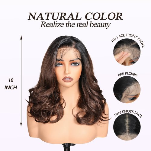 SISgrace Natural Black Ombre Brown 13×6 HD Lace Front Wigs Synthetic Glueless Pre Layered Body Wave Wigs for Women Pre Plucked 18 Inch Tiny Knots Lace Natural Hairline Bob Wigs