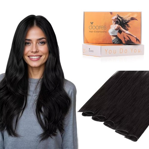 DOORES Genius Sew in Hair Extensions Virgin Hair Bundles, 18 Inch Natural Black 50g, Invisible Natural Sew in Weft Extensions