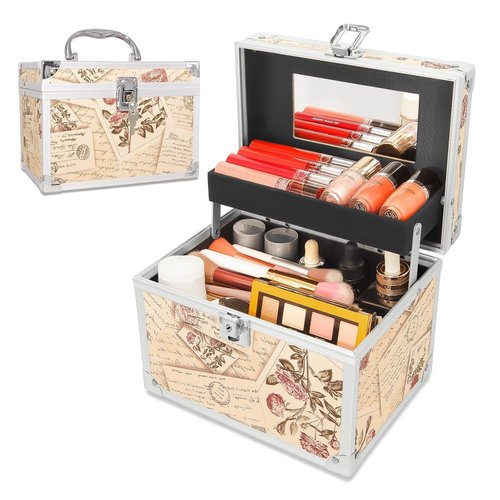 VNIMTI Makeup Train Case, Portable Makeup Box with Mirror, Cosmetic Storage Box for Women with Trays, Makeup Box Organizer for Vanity, Travel, Lockable& Large Capacity (Philatelic Style)
