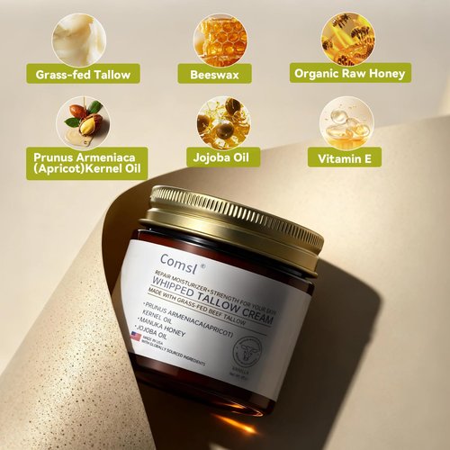 comsl Whipped Tallow Honey Cream with Grass-Fed Beef Tallow & Raw Honey, Face & Body Moisturizer, for Dry, Sensitive Skin, Eczema, Rosacea,US- Made,FL.4oz(Unscented)
