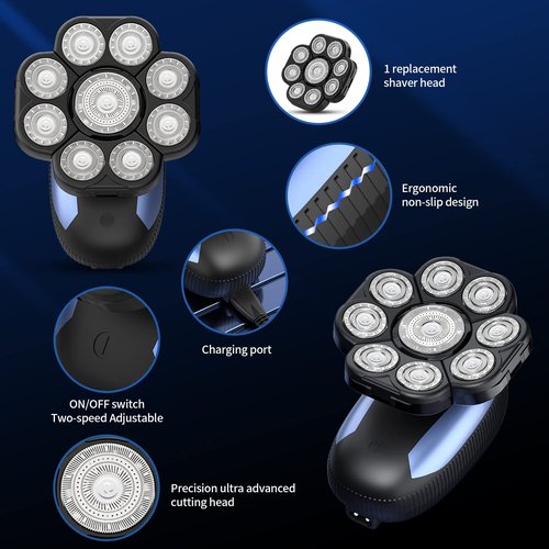 Roziahome Head Shavers for Bald Men 9D Electric Rotary Shaver Multifunctional Mens Bald Head Shaver Cordless Electric Razor for Men Wet & Dry Beard Clippers Rechargeable Shavers for Balding Man