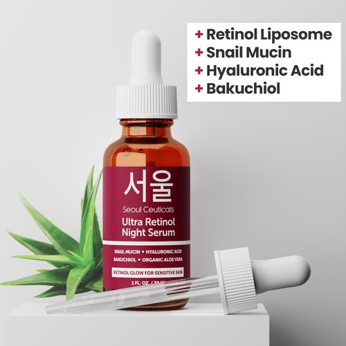SeoulCeuticals Korean Retinol Night Serum + Retinol Night Cream for Face + 97.5% Snail Mucin for Sensitive Skin