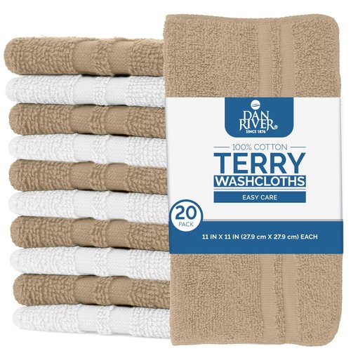 DAN RIVER 100% Cotton Washcloths 20 Pack Premium Quality Face and Body Cloth, Quick Dry Essential Towels for Bathroom, Hand, Kitchen & Cleaning, Baby Washcloths | 11X11 in | 400 GSM | Tan + White