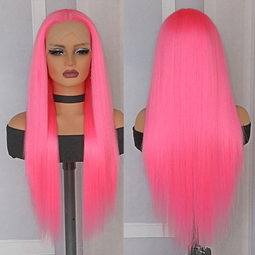 Lovestory Pink Color Lace Front Wigs Long Straight Hair Pastel Pink Heat Resistant Free Part Synthetic Lace Wig Natural Hair High Density Synthetic Lace Front Wigs for Fashion Women