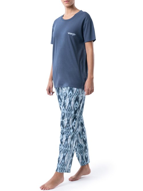 Wrangler Women's Short Sleeve Graphic Tee and Printed Pants Pajama Sleep Set, Dark Denim/Geo, X-Large