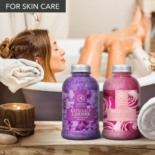 Bath Sea Salt Set 2х21.16Oz - Bath Salt Lavander & Rose - Lavender Essential Oil - Natural Rosewood Oil & Rose Extract - Aromatherapy - Relaxing - Body Care - Beauty - De-Stress Bath Salts
