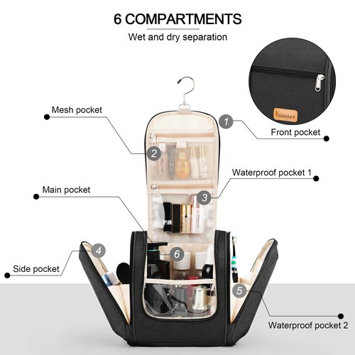Travel Hanging Toiletry Bag for Women and Men, 6 Organizer Compartments, Holds Full Size Bottles, Extra Large Cosmetic Accessories, Makeup essentials, Bathroom Water-resistant Toiletries Bag, Black