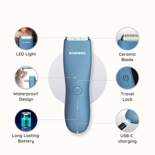 BAREWIZE Body Hair & Pubic Hair Trimmer for Men & Women, Painless Electric Body & Bikini Shaver | Waterproof, Type-C Rechargeable, LED Light, Replaceable Blade, Manscape Personal Groomer (Denim Blue)