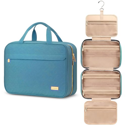 LUCKRISE Hanging Travel Toiletry Bag, Large Capacity Cosmetic Toiletry Organizer for Full-sized Bottles with 4 Compartments and Sturdy Hook for Travel/Daily Use/Business, Teal